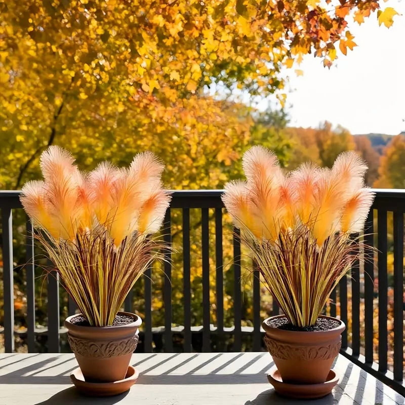2 pieces artificial imitation reed flowers, autumn harvest large orange yellow reed flowers with onion grass, 31.50 inches high dry feathery stems, maintenance-fre,e indoor/outdoor decoration