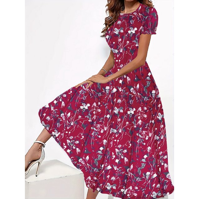 Blossoming Floral Print Dress - Comfortable Crew Neck, Stylish Short Sleeves