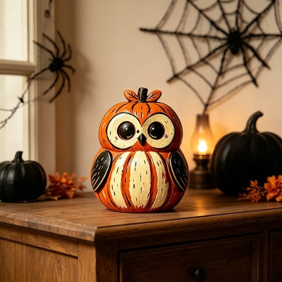 huayou Fall Pumpkin Owl Tabletop Ornament, Harvest Season Desktop Decor, Cute Figurine for Home Shelf, Halloween Thanksgiving Display