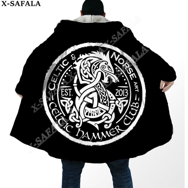 Capa gruesa y cálida con capucha para hombre, abrigo de armadura vikinga con símbolo de tatuaje, abrigo con estampado 3D, bata de lana a prueba de viento, manta con capucha-4