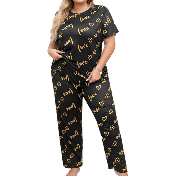 Womens Plus Size Pajama Soft Silky Print Set Short Sleeve Sleepwear 2 Piece Lightweight Loungewear for Home