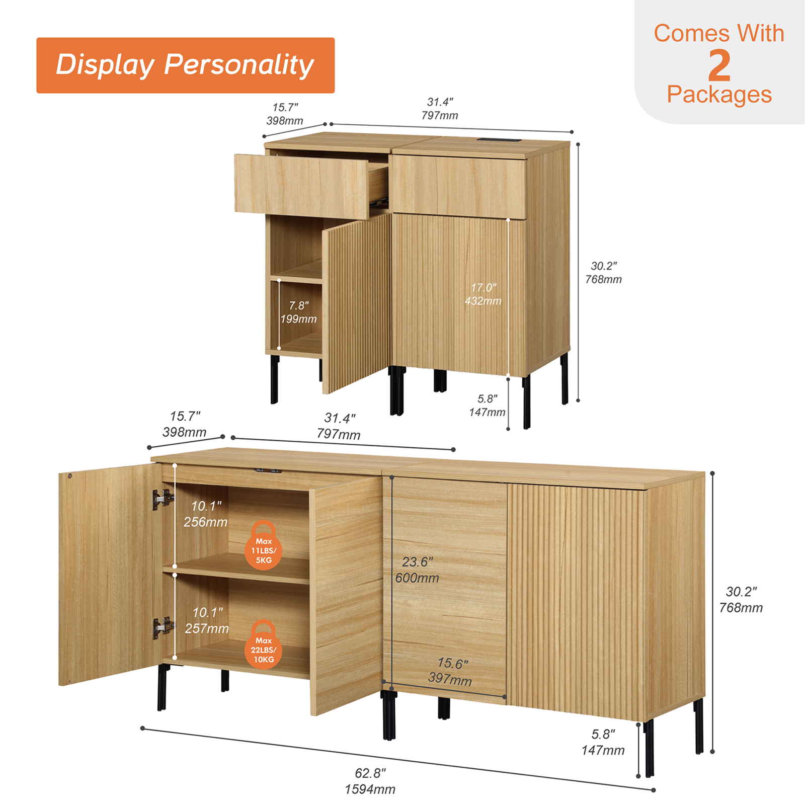 4 Pcs Bedroom Set，Reeded Dresser and Nightstand Sets for Bedroom, Wooden Dresser Set with Adjustable Shelves, Night Stand of 2 with Charging Station