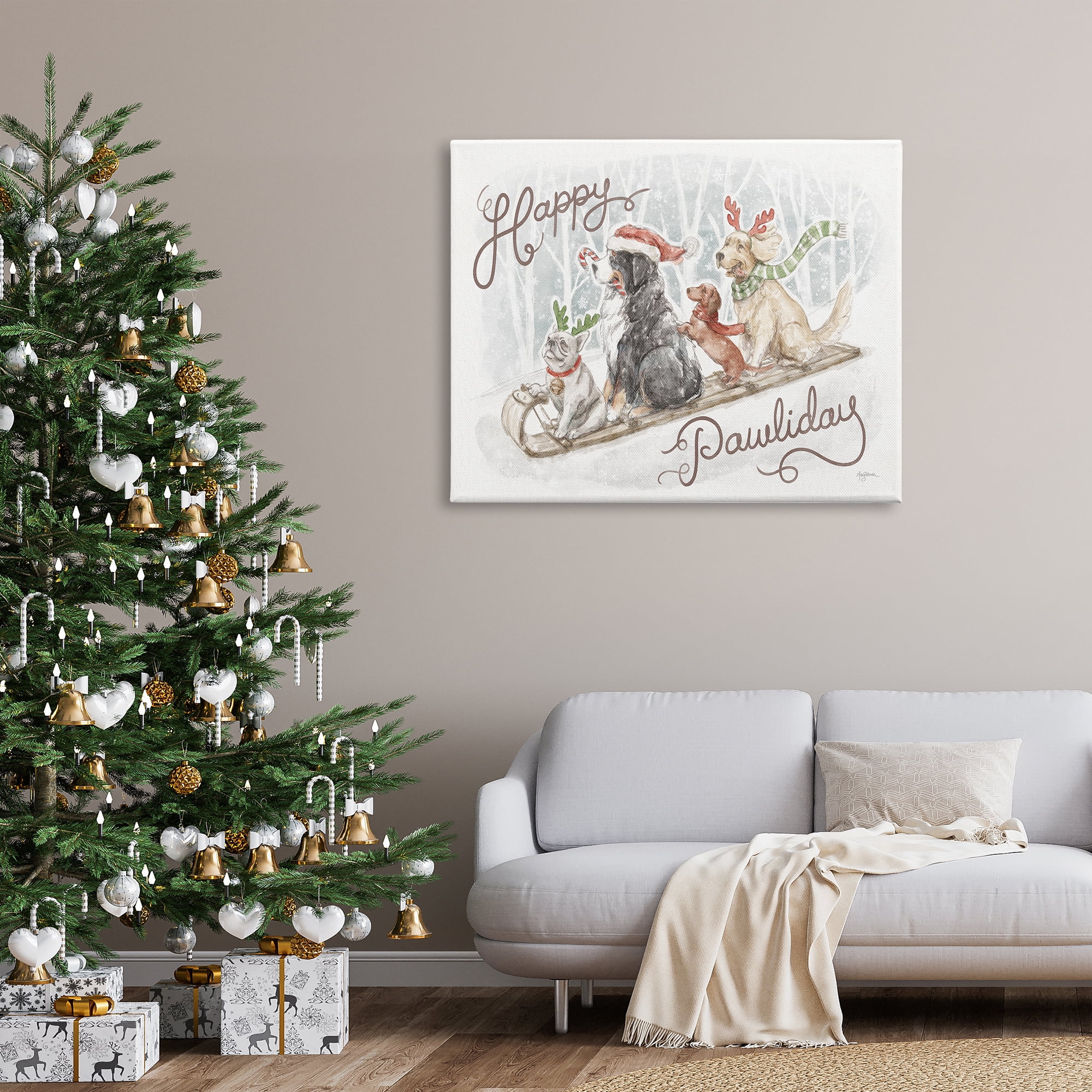 Stupell Industries Happy Pawliday Dogs Holiday Painting Gallery Wrapped Canvas Art Print Wall Art, 48 x 36