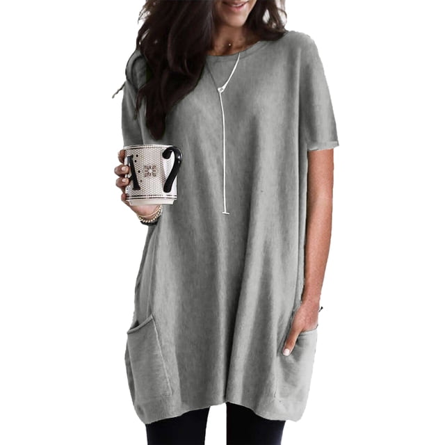 Camiseta larga holgada informal de manga corta con cuello redondo y bolsillos para mujer gris L