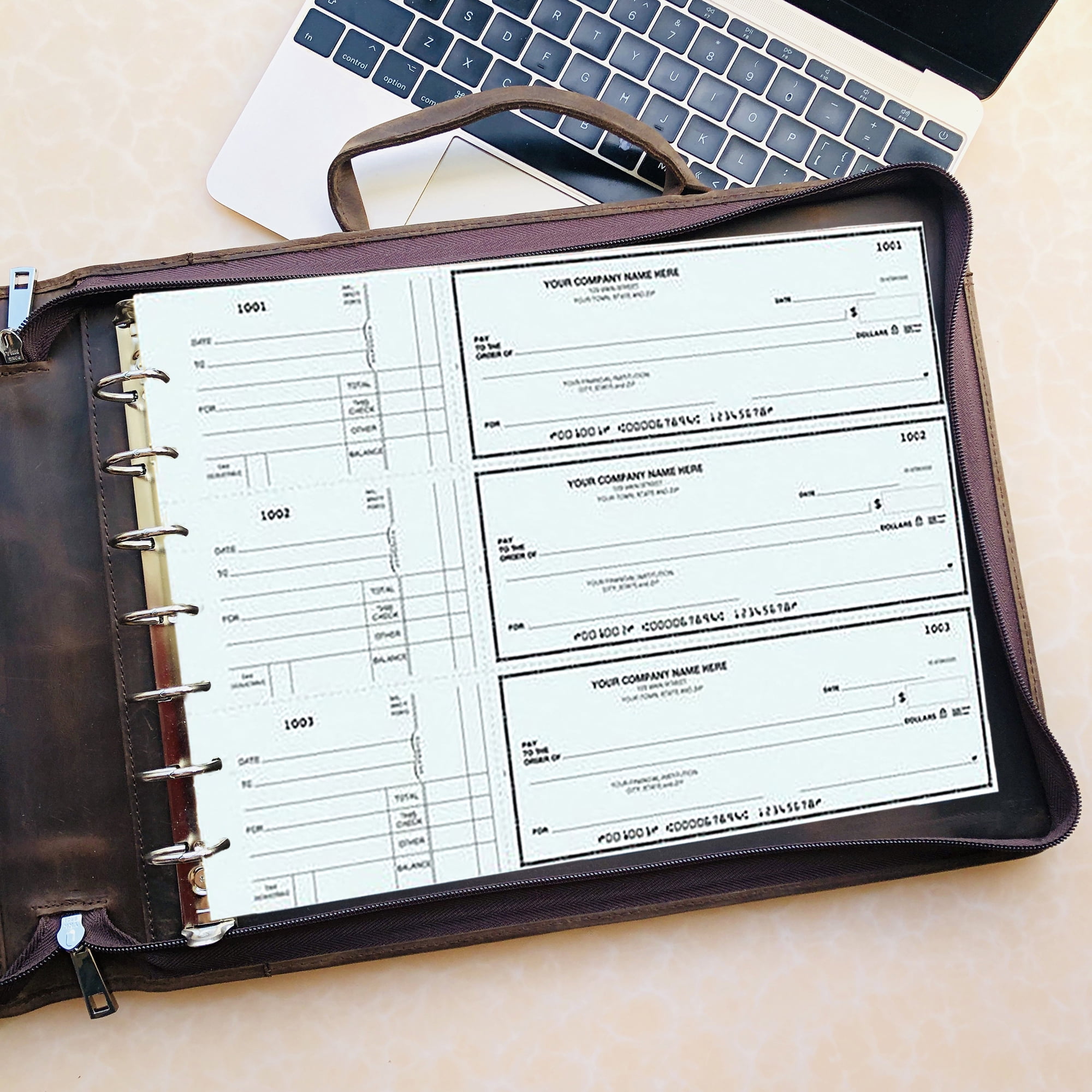 7 Ring Check Binder Cowhide Leather Check Portfolio for 3-Up Business Checks, Check Book Binder with Handle, Zippered Check Holder with 500 Check Capacity, Personalized Checkbook
