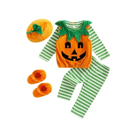 

Kids Pants Suit Long Sleeve Halloween Pumpkin Print Loose Tops + Fall Casual Pants + Hat + Sleeves