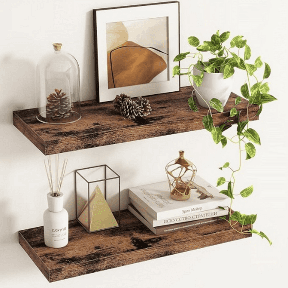 2 Pack 9 Inch Rustic Wooden Wall Shelves - Wall Mounted Storage Shelf with Invisible Brackets - Extra Deeper & Thicker for Living Room, Kitchen, 24" W x 9" D x 1.6" H - Brown