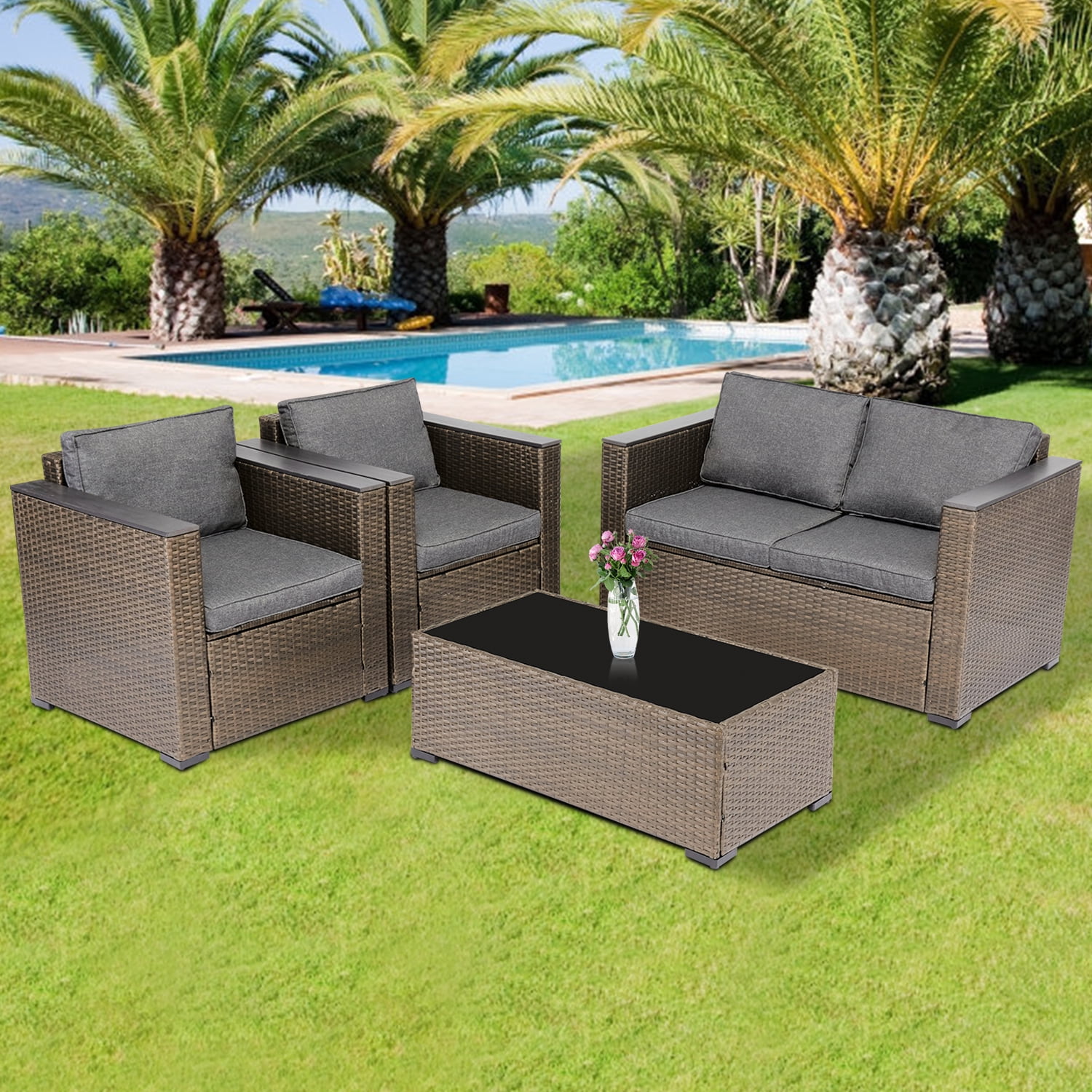 Kinbor 4 PCs Rattan Patio Outdoor Furniture Set Garden Lawn Sofa Sectional Set Black 