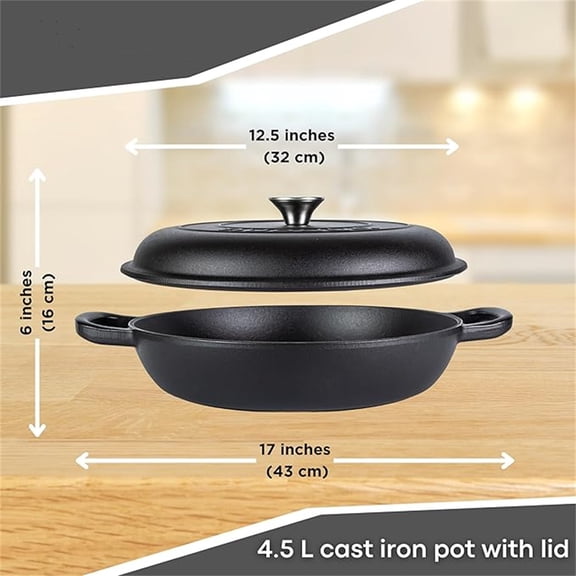 Shallow Cast Iron Casserole with Lid – Non Stick Dutch Oven Pot, Oven Safe up to 500° F – Sturdy Ovenproof Stockpot Cookware – Enamelled Cooking Pot – Black, 5-Quart, 32cm – by