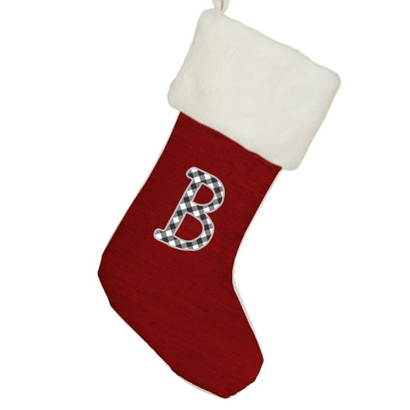 Personalization Mall Farmhouse Initial Red Christmas Stocking, Ivory Faux Fur