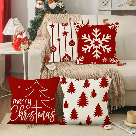 Red Christmas Snowflake Pillow Covers 18x18 , Holiday Red and White 18 x 18 Christmas Decor Throw Pillow Covers, Winter Outdoor Decorative Snowflake Pillows for Couch Bedroom Sofa