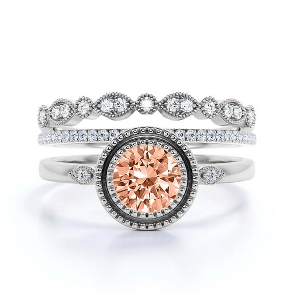 Gorgeous Art nouvea 2.10 Carat Round Cut Morganite And Diamond Moissanite Engagement Ring, Boho Moissanite Wedding Ring, Two Matching Band in 10k Solid White Gold, Gift For Her, Promise Ring