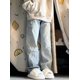 thumbnail image 3 of Pantalones vaqueros con bordado de estrellas para mujer, pantalón de pierna ancha hasta el tobillo, estilo Preppy, Y2k, rectos y sueltos, 3 of 5