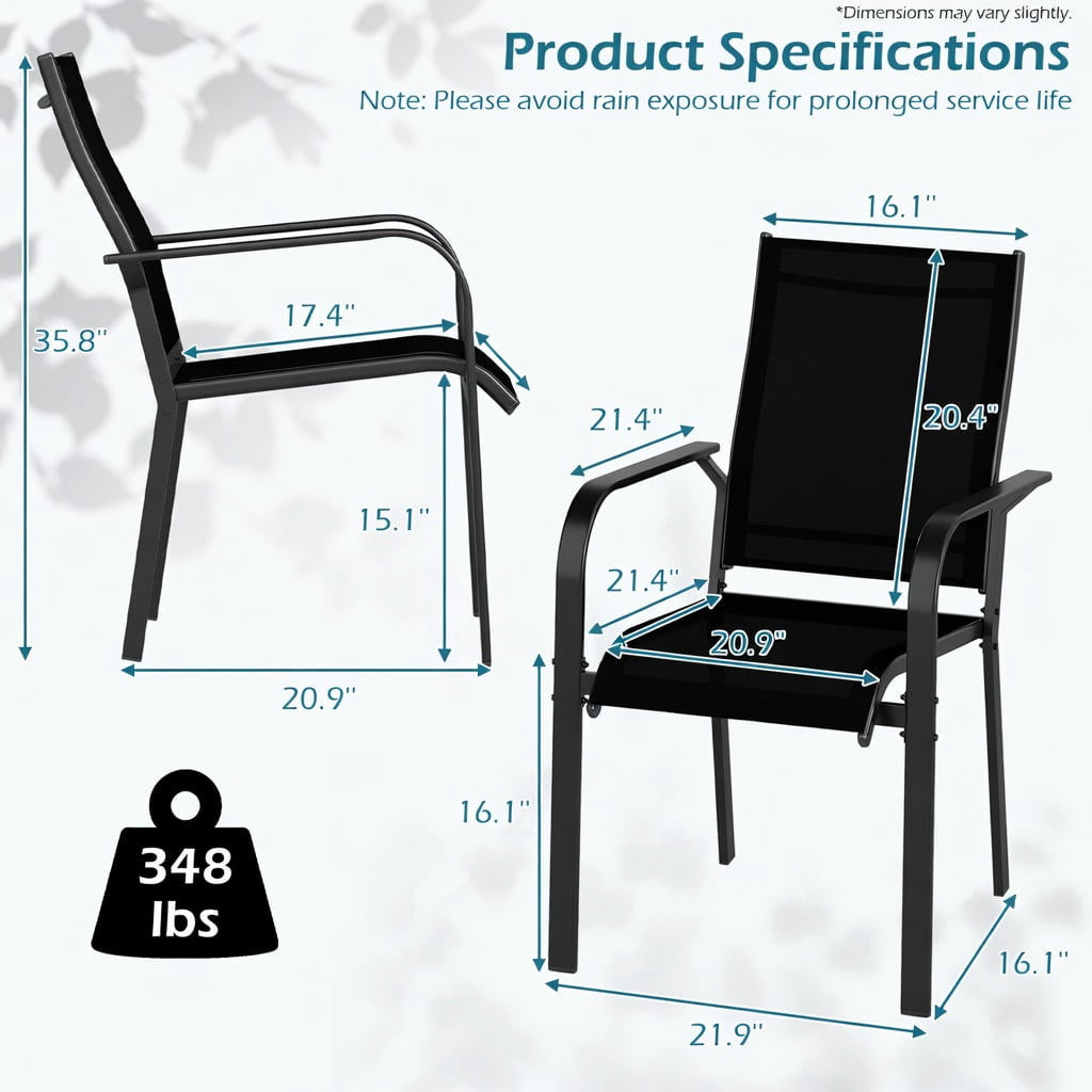 Hommoo Stackable Outdoor Dining Chairs Set of 6, Heavy-Duty Metal Frame Patio Chairs with Breathable Mesh Back, Ergonomic Armrests, Black