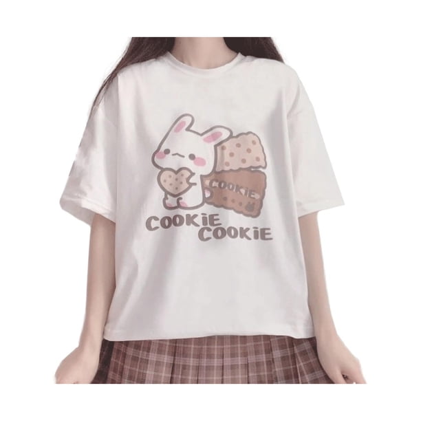 Women Kawaii Fashion Pastel Gothic Casual Style Crewneck Soft Cartoon Cute Bunny Cookies Print T-Shirt tee top