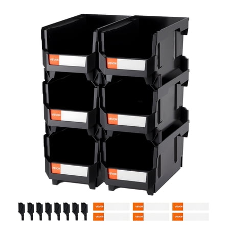 CCY Plastic Stackable Storage Bins, 14.8 x 8.5 x 7.1 inch (6 Pack), Plastic Containers for Organizing and Storage Bins for Closet, Garage, Small Parts, Office Supplies and Other Accessories, Black