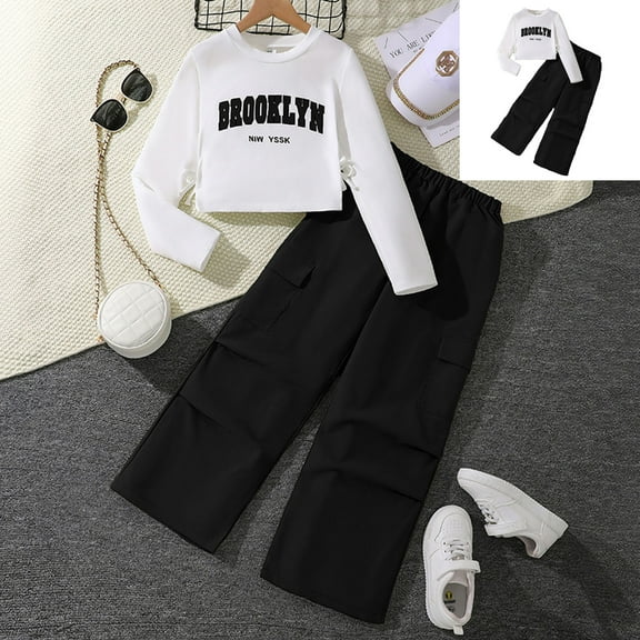 Sets for Girls Long Sleeve Solid Crewneck Black Pullover Loose Sweatshirt and Baggy Cargo Pants 2 Pcs Winter Clothes Clothes for Girls 7-8 Years
