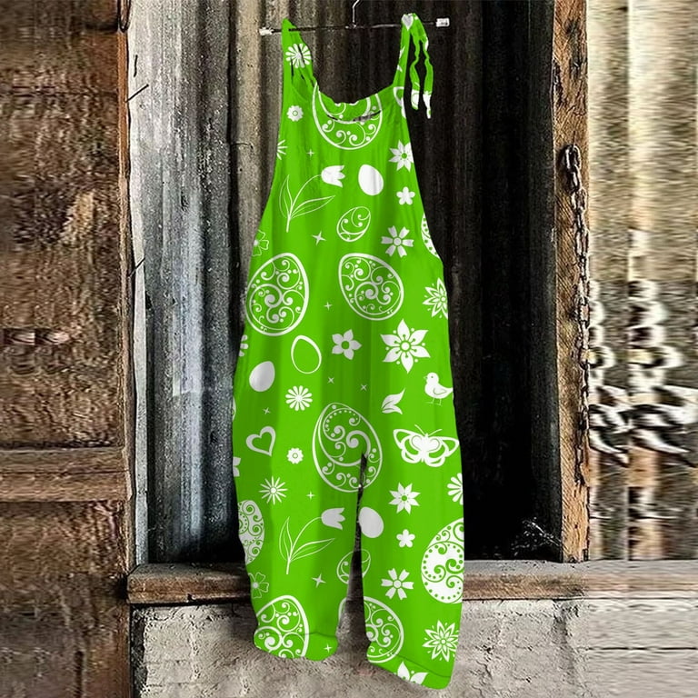 UoCefik Easter Women's Overalls Sleeveless Easter Eggs Bunny Print Women's  Dressy Jumpsuits Wide Leg Straps Pants Loose Fit One Piece Summer Romper  Green XXL 