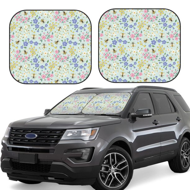 Balery Honey Bees And Flowers Parasol para parabrisas de coche de 2 piezas | Parasol plegable para parabrisas delantero de coche para la mayoría de sedanes-Large