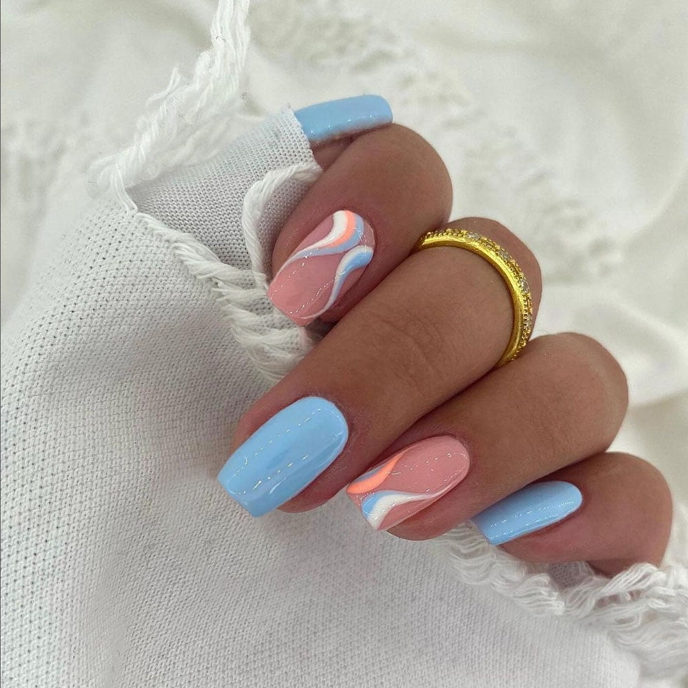 Short Square Press On Nails KXAMELIE Glossy Baby Blue Glue On Nails 
