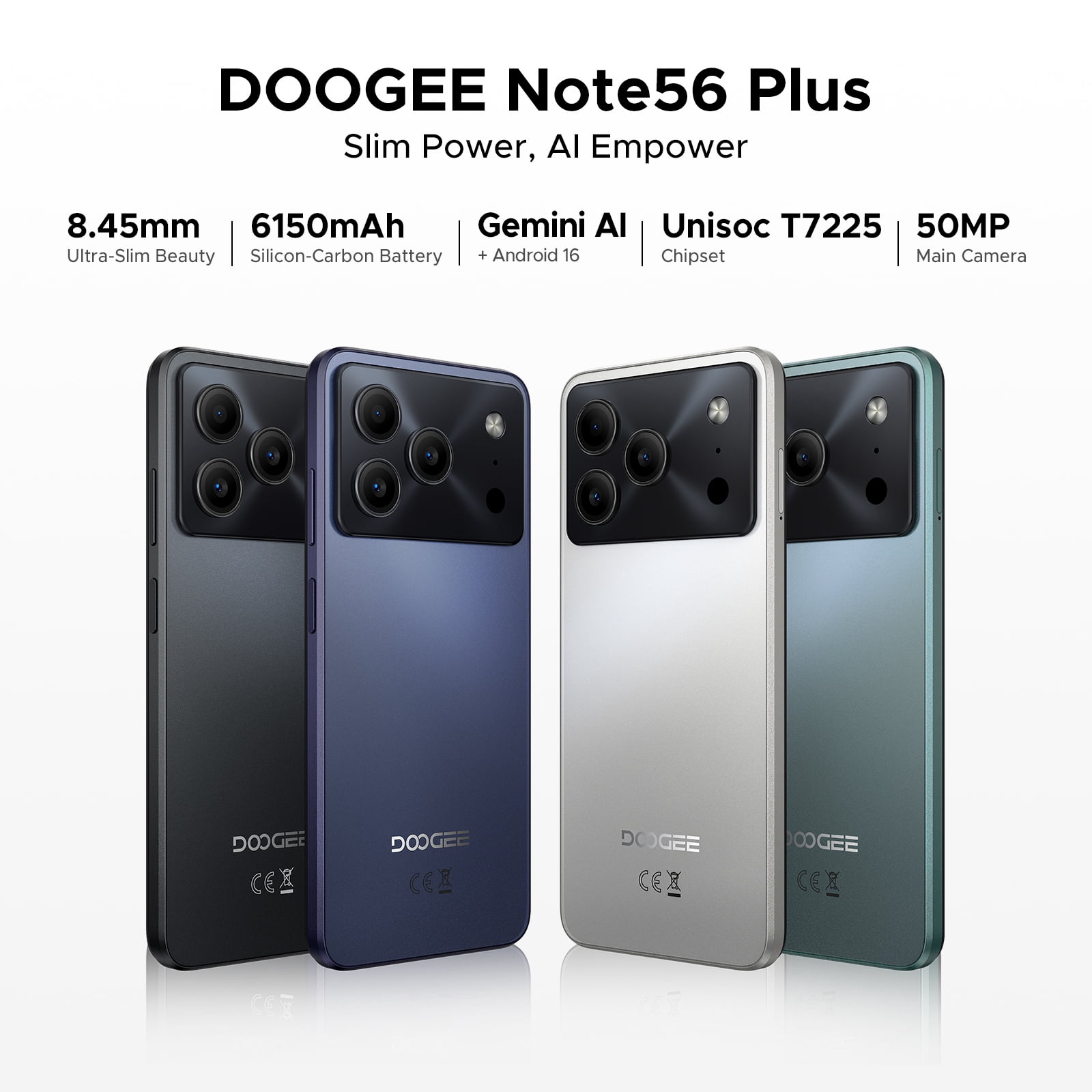 DOOGEE Note56 Plus Unlocked Android 16 Cell Phone, 48GB + 256GB/2TB TF Expand, 6.56" HD+ 90Hz Display, 6150mAh Battery, 50MP+8MP AI Camera, NFC/OTG/Side Fingerprint, 4G Dual SIM Unlocked Smartphone