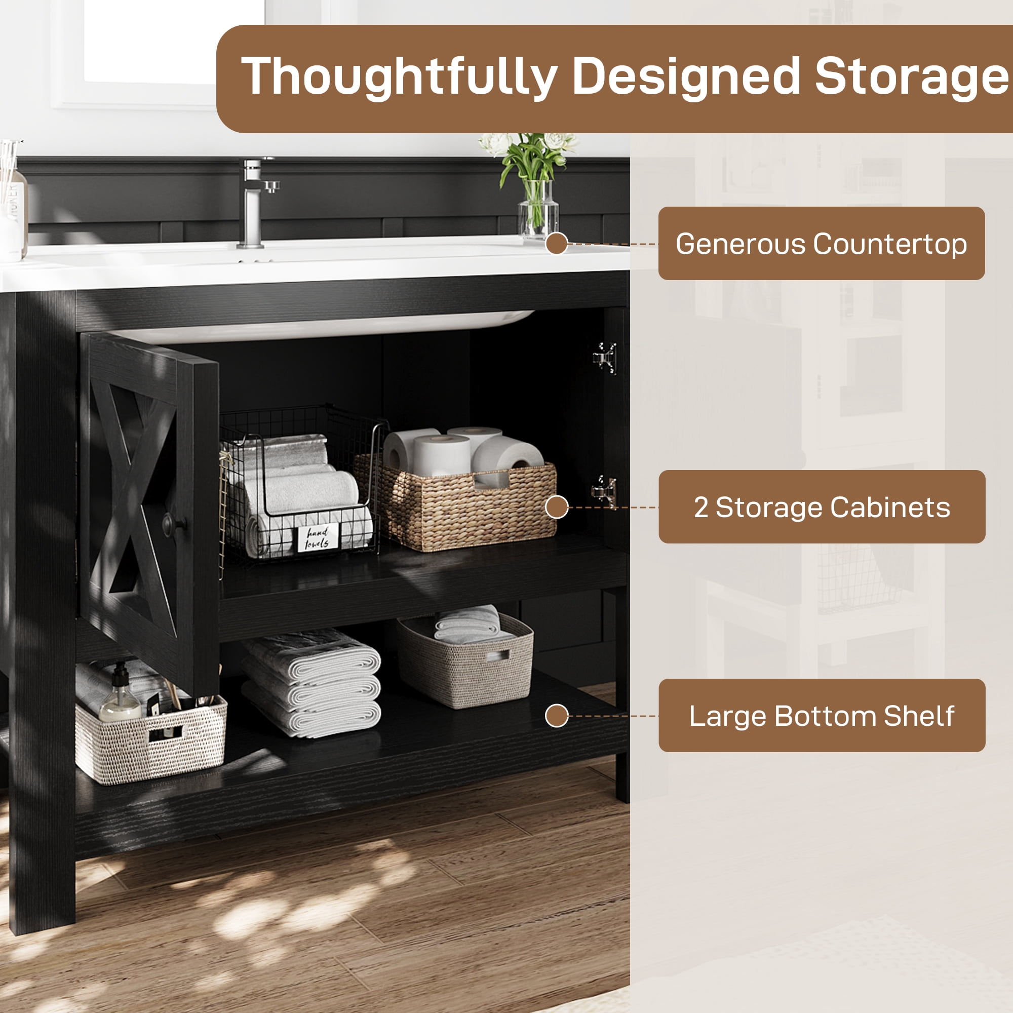 4 EVER WINNER 36" Black Bathroom Vanity with Sink, Farmhouse Storage Cabinet with X-shaped Barn Door, Ceramic Vanity Top & Open Shelf, Modern Vanity for Bathroom Laundry Room