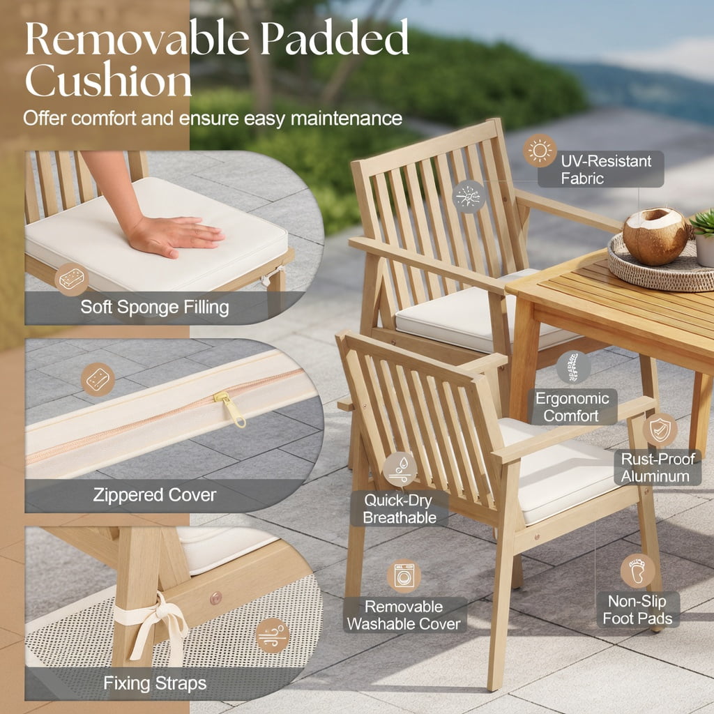 Hommoo 2-Pack Outdoor Dining Chairs, Acacia Wood Patio Chairs with Removable Zippered Cushions, Ideal for Backyard, Porch & Deck, White
