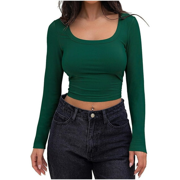 Timegard Ribbed Tops for Women Scoop Neck Cropped Slim Fitting Blouse Fall Casual Comfy Long Sleeve Tops