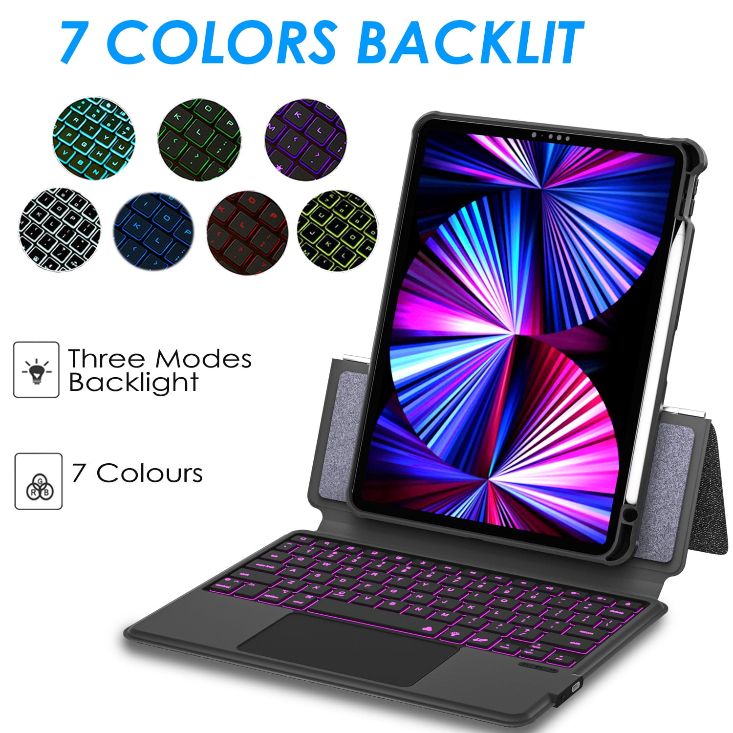 iPad Air 4th Keyboard Case for iPad 10.9" Air 4th Gen 2020/iPad 11 inch 1st/2nd/3rd Gen-Eoso 7 Color Backlight,Touchpad Detachable Slim Cover with Pencil Holder (10.9"/11",Black)