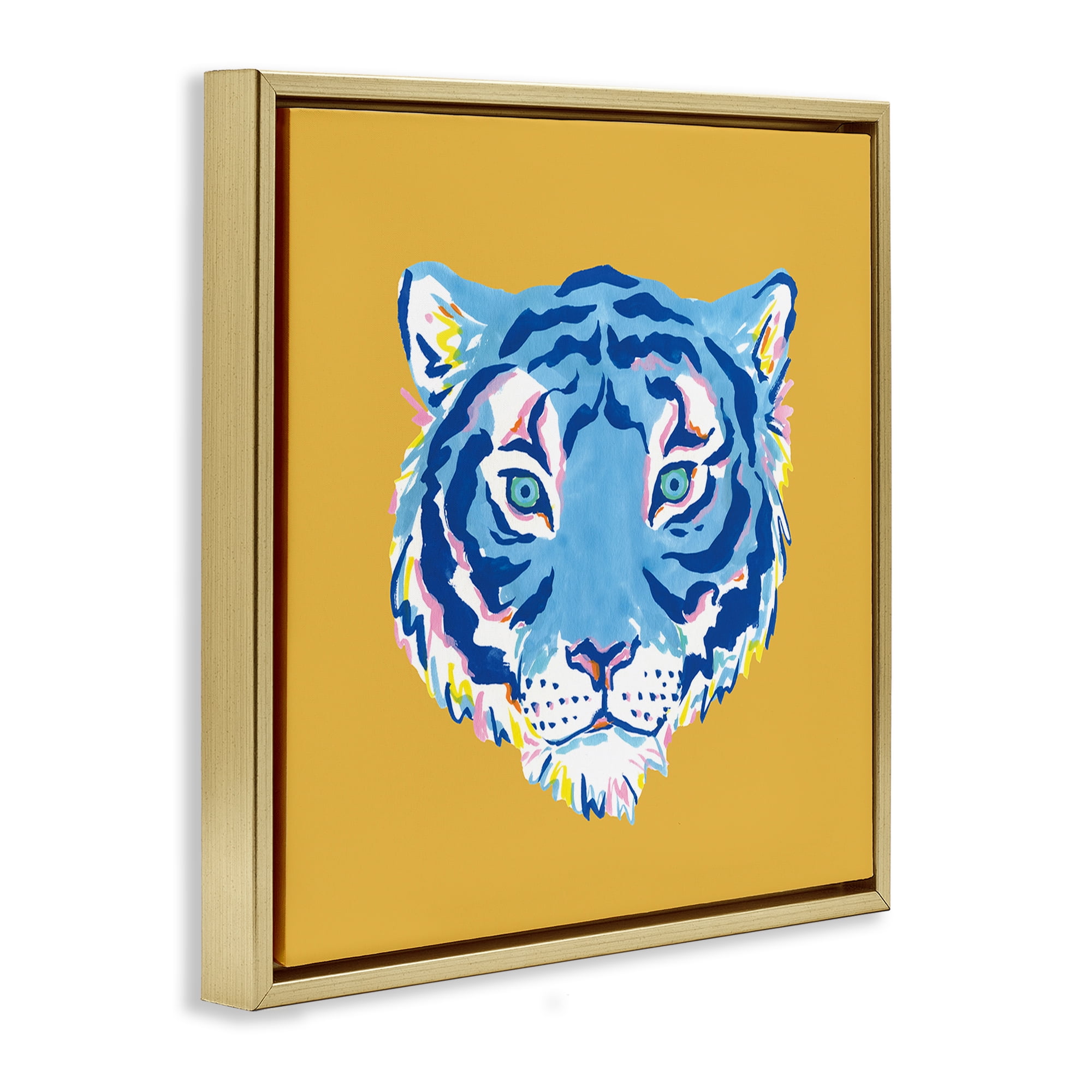 Stupell Industries Blue Tiger over Yellow Gold Framed Floater Canvas Wall Art, design by Karolina Sato