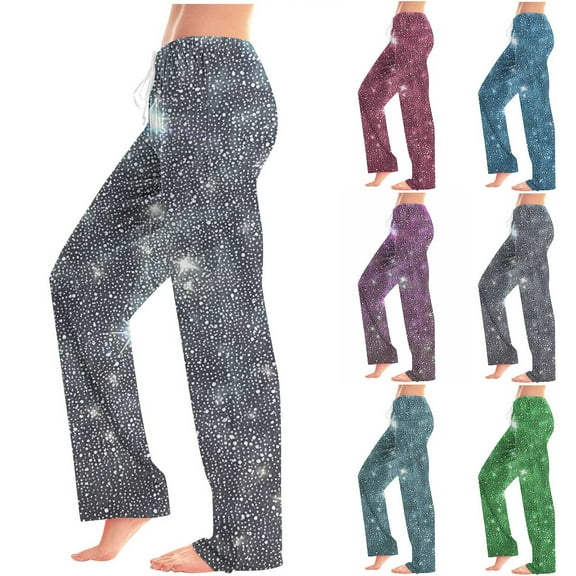 Meichang Pajama Pants for Women Soft Comfy Sparkly Print Drawstring Elastic Waist Lounge Wide Leg Pant Sleepwear Loungewear Palazzo Pants PJs Bottoms
