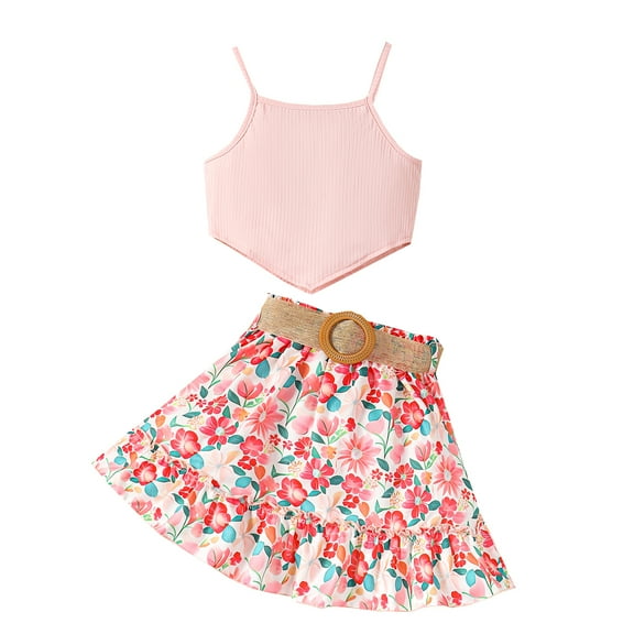 Mikrdoo Kid Toddler Girl's Summer Outfits Asymmetrical Hem Crop Straps Top Belt Floral Skirt Set 2Pcs Daily Party Clothing, As Gift (4-7Y,Pink)