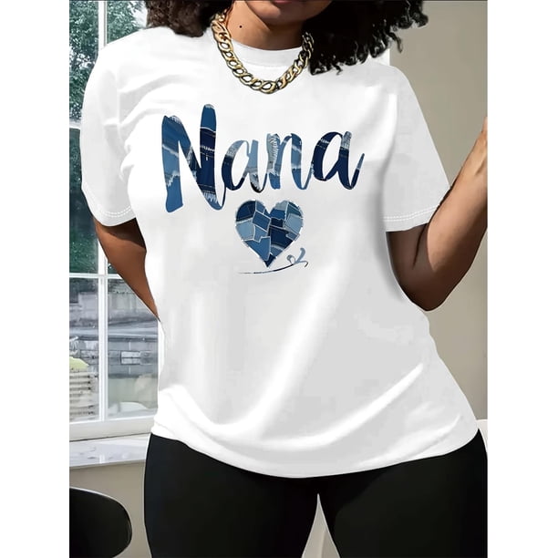 Chic Denim-Inspired Nana Print T-Shirt for Women - Casual Crew Neck, Short Sleeve Top, Breathable Polyester, Machine Washable