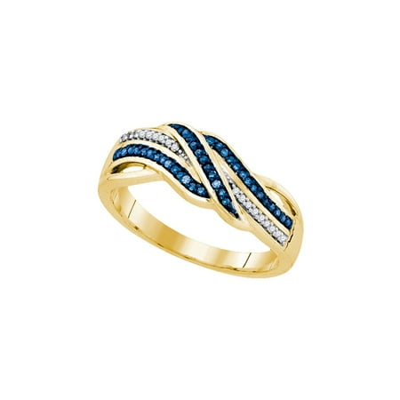 - Size - 7 - 925 Sterling Silver Yellow Gold-Plated Round Blue And White Diamond Channel Set Curved CrossOver Wedding Band OR Fashion Ring (1/8 cttw)