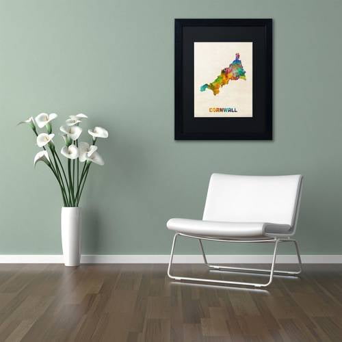 Trademark Fine Art 'Cornwall England Watercolor Map' Canvas Art by Michael Tompsett, Black Matte, Black Frame