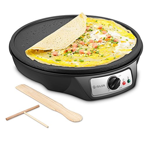 Electric Crepe Maker, iSiLER Nonstick Electric Pancakes Maker Griddle, 12 inches Electric Crepe Pan with Batter Spreader and Wooden Spatula, Precise Temperature Control for Roti, Tortilla, Eggs, BB