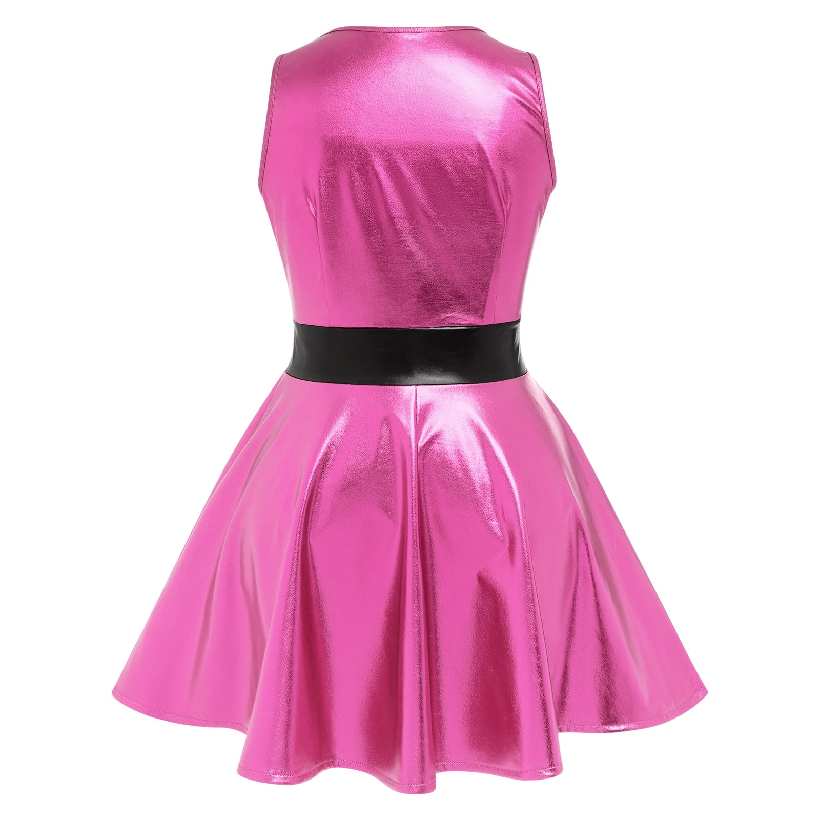 IBTOM CASTLE Women's Shiny Metallic Dress Sexy Sleeveless Mini Skater Dress Holographic Party Rave Dance Clubwear Anime Cosplay Halloween Clothes L Hot Pink