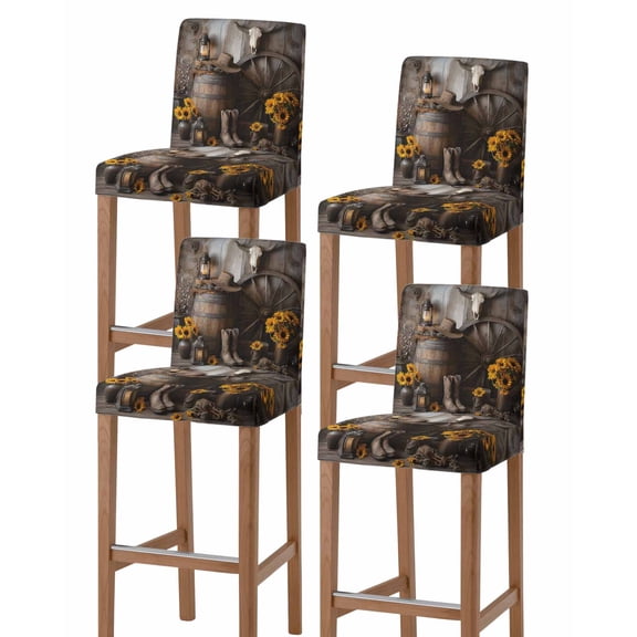 Vintage Western Bar Stool Covers Set of 4, Countryside Sunflowers Wooden Retro Stretch Washable Bar Chair Covers with Backs, Removable Pub Counter Height Chair Cover for Kitchen Dining Room Cafe