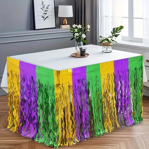 Mardi Gras Table Skirt, Metallic Fringe Table Cover for Parties Violet Green Gold, Disposable Aluminum Foil Festival Table Decor