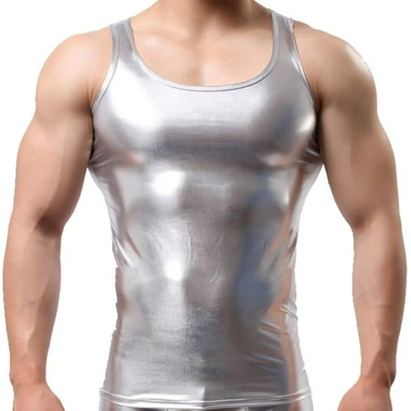 QIUYI Men s Metallic Leather Shirt Corset Vest Sexy Lingerie Shiny Faux Tank Top