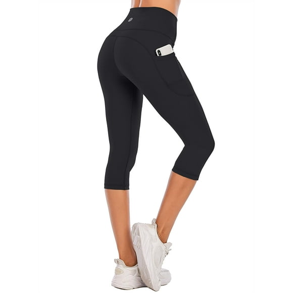 Steppe?Naked Feeling High Waisted Yoga Pants?Women's?Workout Capris Leggings with Pockets?Tummy?Control?Buttery Soft?Running Compression Capris for Athletic Gym Exercise Fitness Black-XXL