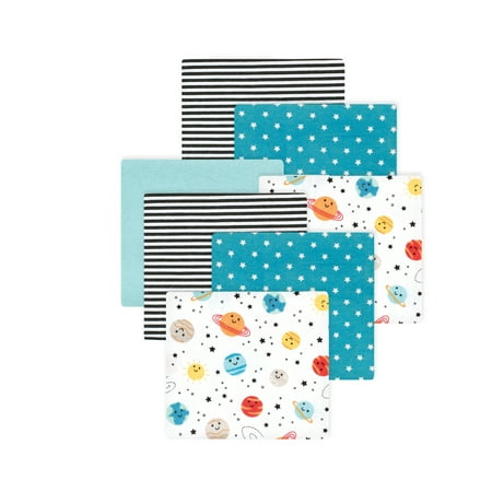 Little Treasure Hudson Baby Boys Cotton Poly Flannel Receiving Blankets 7-Pack, Blue Happy Planets, 30x30 inches