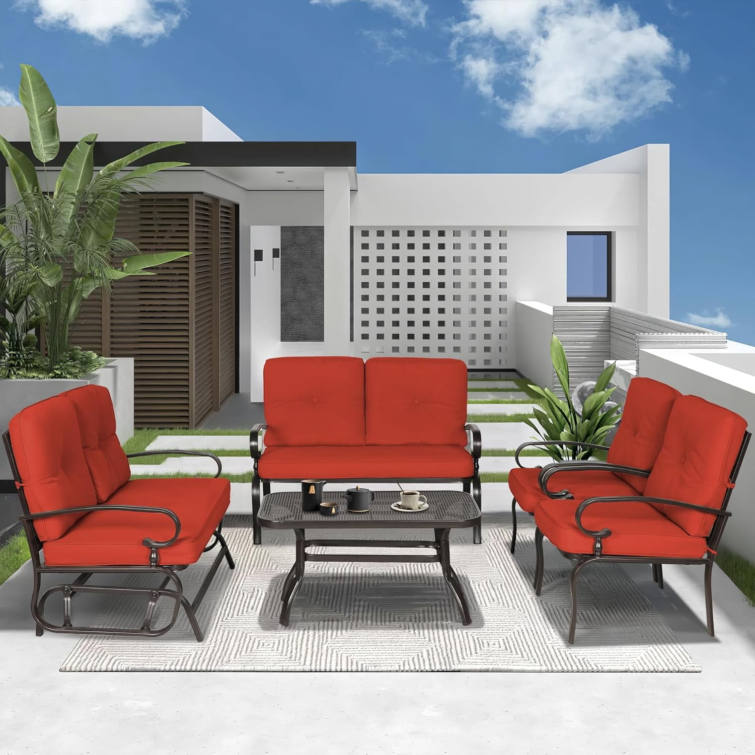 SUNCROWN 5-Piece Patio Furniture Set Outdoor Metal Conversation Set, Red