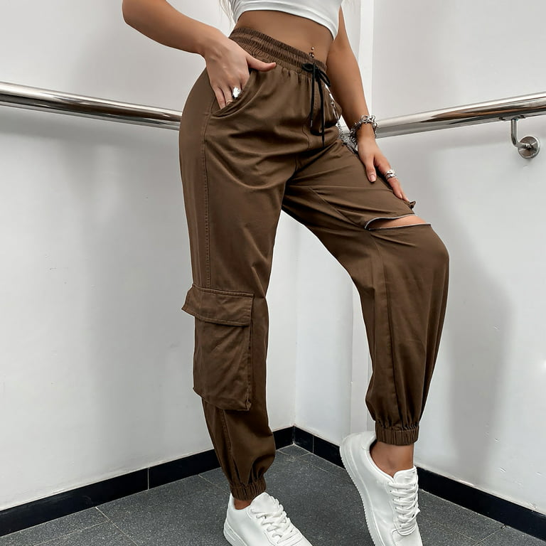 Women Drawstring Cargo Pants with Chain Elastic Low Waist Knee-ripped Pants  Multi-pockets Comfy Joggers Streetwear(L,Brown)