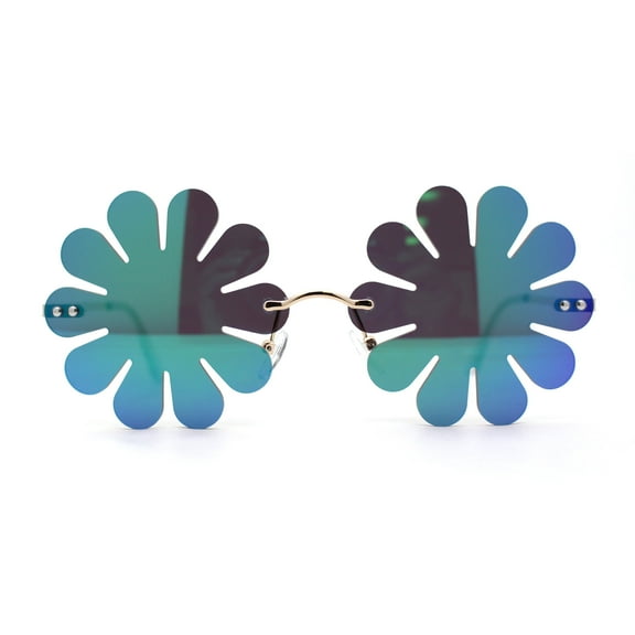 Rimless Daisy Shape Round Bohemian Hippie Sunglasses Gold Teal Mirror