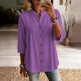 thumbnail image 2 of Lcziwo Women's Plus Size Cotton Linen Tops Pleated 3/4 Sleeve V Neck Button Down Tees Oversized Casual Summer Vacation Shirts Purple,XXXL, 2 of 8