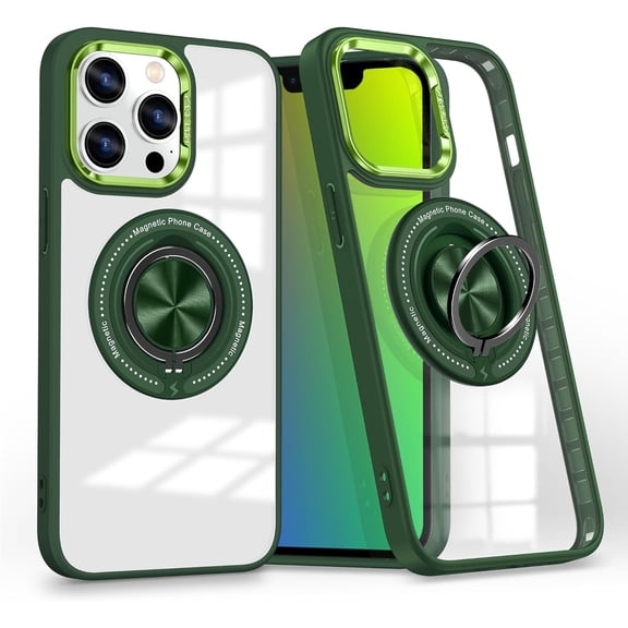 Green for iPhone 15 Pro Max Case Clear with Ring Holder [Compatible with MagSafe] [Support Wireless Charging] Anti-Yellowing Scratchproof Protective Phone Case for iPhone 15 Pro Max 2023