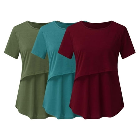 

Awdenio Pregnant Womens Shirt Clearance Nursing Solid Color Short Sleeve Round Neck Breastfeeding Blouse