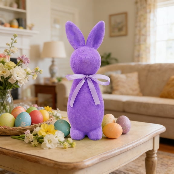 Flocked Standing Bunny, Easter Themed Figurine with Decorative Bow, 8.6x2.3in Foam Tabletop Ornament for Home Decors, Colorful Holiday Party Gift (Purple)