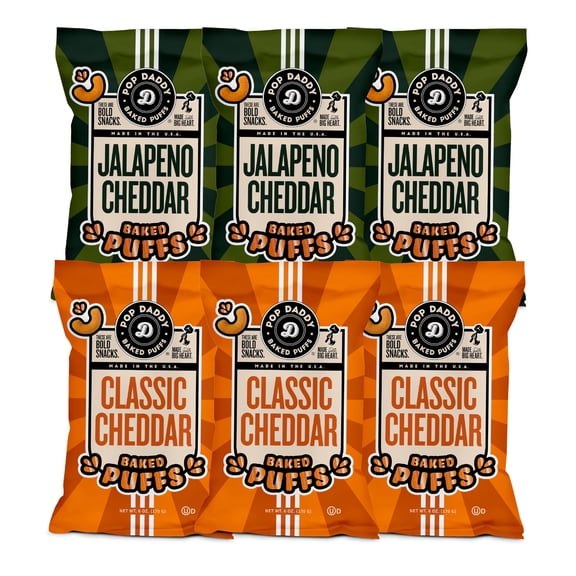 Pop Daddy Baked Puffs, 6oz Cheese Puffs Snacks, Gluten-Free Friendly and Kosher, 6 Pack, Classic Cheddar, Jalapeno Cheddar